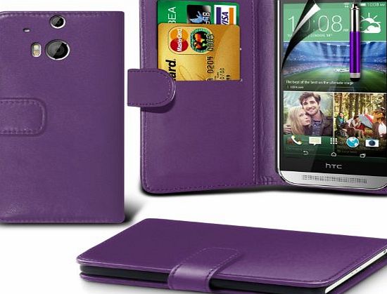 Fone-Case Fonecase Purple HTC One M8 Protective Faux Credit / Debit Card Leather Book Style Wallet Skin Case Cover, Retractable Touch Screen Stylus Pen amp; LCD Screen Protector Guard