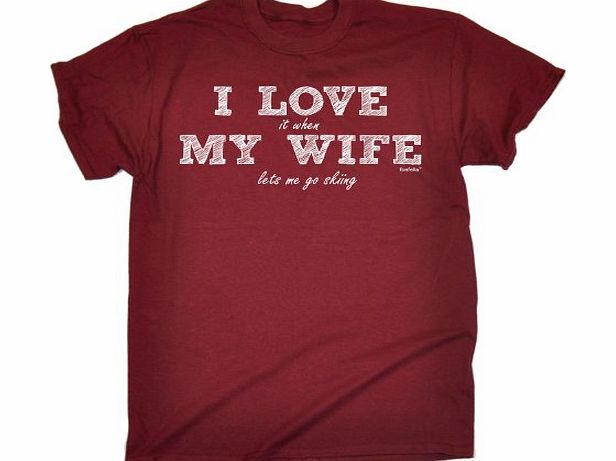 I LOVE IT WHEN MY WIFE LETS ME SKIING (L - MAROON) NEW PREMIUM LOOSE FIT T-SHIRT - slogan funny clothing joke novelty vintage retro t shirt top mens ladies womens girl boy men women tshirt tees tee t-