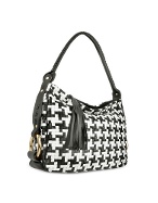 Fontanelli Black and White Houndstooth Woven Leather Tote Bag