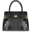 Black Shiny Croco-style Leather Large Satchel Bag