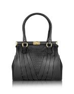 Fontanelli Black Woven Genuine Leather Twist Lock Bag