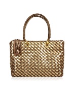 Fontanelli Brown and Gold Woven Italian Leather Large Tote Bag