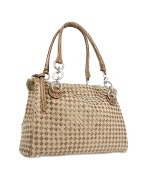 Fontanelli Brown Leather and Canvas Woven Large Satchel Bag