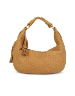 Fontanelli Tan Washed Woven Leather Gusset Hobo Bag