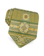 Greche - Green and Gold Ornamental Bands Printed Silk Tie