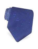 Labirinto - Blue Geometric Lines Logoed Printed Silk Tie