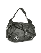 Forzieri Black Genuine Leather Flap Hobo Bag