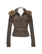 Brown Fur Collar and Leather Trim Hooded Jacket