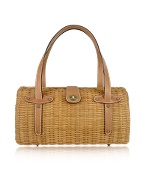 Forzieri Capaf Line Light Brown Wicker and Leather Barrel Bag