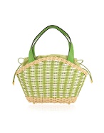 Forzieri Capaf White and Green Wicker and Leather Bucket Bag