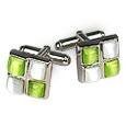 Cat` eye - White and Green Silver Plated Cuff Links