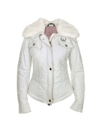 Detachable Fur Collar Cream Quilted Leather Jacket