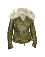 Forzieri Detachable Fur Collar Green Patent Leather Motorcycle Jacket