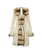 Forzieri Ivory Fox Fur-Trim Long Hooded Coat