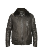 Forzieri Men` Black Shearling Collar Aviator Leather Jacket
