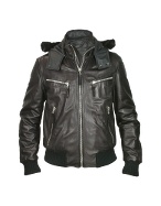 Men` Detachable Fur Hood Black Leather Bomber Jacket