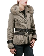 Women` Beige Detachable Fur-Trim Hood Jacket