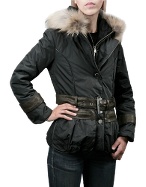 Women` Black Detachable Fur-Trim Hood Jacket