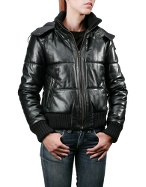 Women` Black Leather Hooded Bomber Jacket