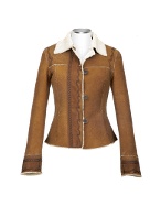 Women` Camel Shearling Suede Embroidered Jacket