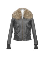 Women` Fur Collar Black Italian Leather Jacket