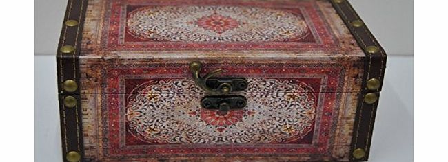 Four Seasons Liverpool Oriental style Storage Box in a Red Persian Pattern with Faux Leather Straps and Antique Gold Clasp