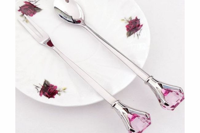 Foxnovo Unique Sparkling Rhinestone Decor Stainless Steel Coffee Spoon Fork Tableware Set (Pink)