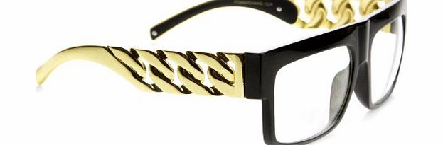 Framework High Fashion Metal Chain Arm Clear Lens Flat Top Aviator Glasses (Black Gold)