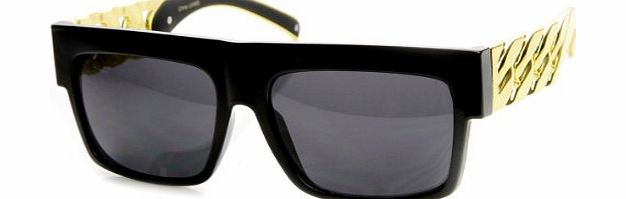 Framework High Fashion Metal Chain Arm Flat Top Aviator Sunglasses (Shiny Black Gold)