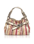 Sidney - Large Striped Cotton and Leather Satchel Bag