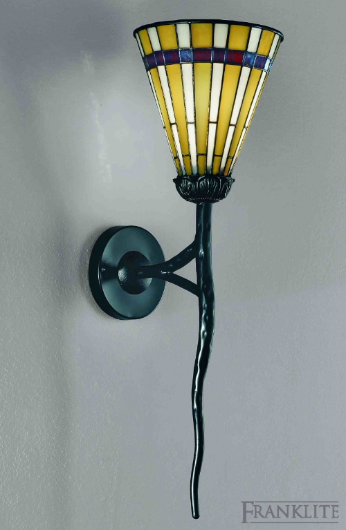 Franklite Black ironwork torchere style wall bracket with Tiffany glass shade.