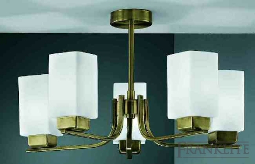 Franklite Brushed bronze finish 5 light fitting with square matt opal glasses. Supplied with 13W 4-pin energy