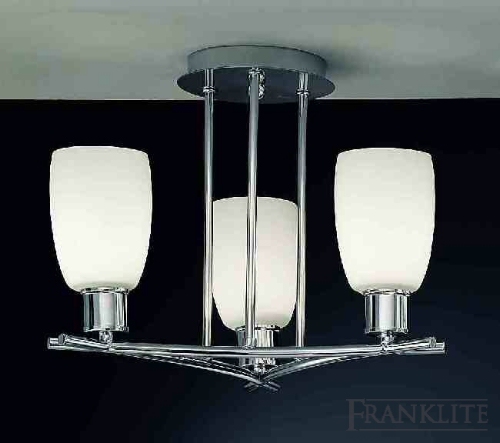 Franklite Chrome finish 3 light fitting with satin opal glass. Supplied complete with 13W 4-pin energy saving