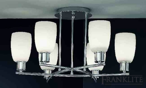 Franklite Chrome finish 6 light fitting with satin opal glasses. Supplied complete with 13W 4-pin energy savin