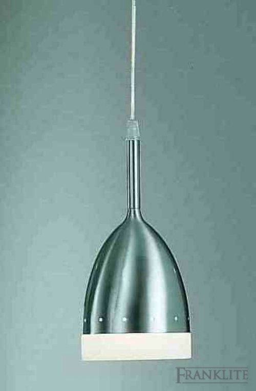 Franklite Copa Brushed nickel decorative pendant holding a satin opal glass, complete with mains voltage halog