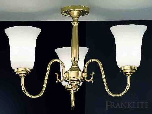 Franklite Genuine polished brass 3 light fitting with flared opal glass.