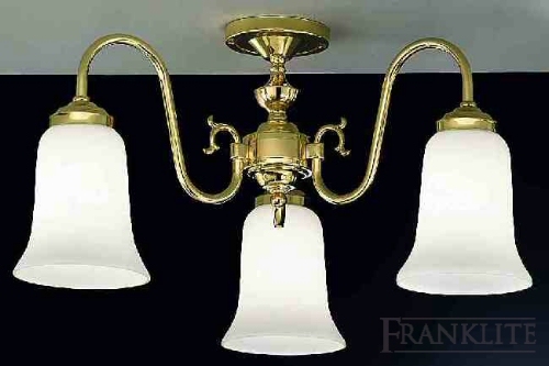 Franklite Genuine polished brass 3 light fitting with flared opal glasses.