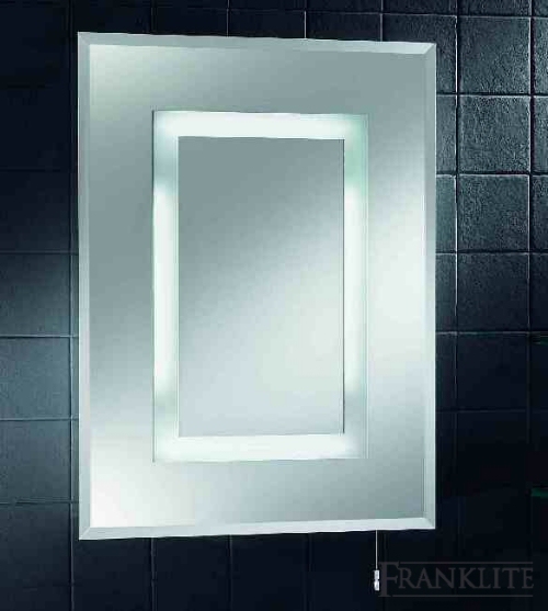 Illuminated low energy bevel edged bathrom mirror with pull switch and shaver socket.