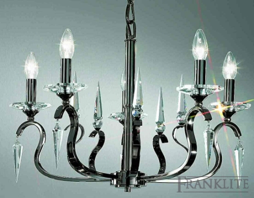 Kazan Black chrome finish 5 light fitting with icicle shaped glass drops and cut glass candle pans