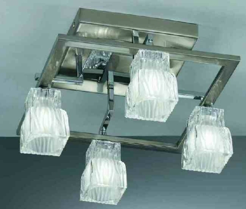 Ludo Chrome and satin nickel finish flush ceiling fittings and wall bracket with clear textured glas