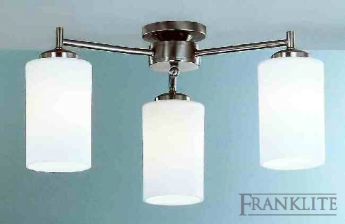 Franklite Matt nickel finish 3 light fitting with matt opal cylinder glasses. Supplied complete with 13W 4-pin