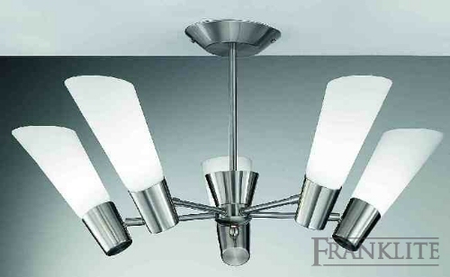 Franklite Satin nickel finish 5 light fitting with opal conical glasses.