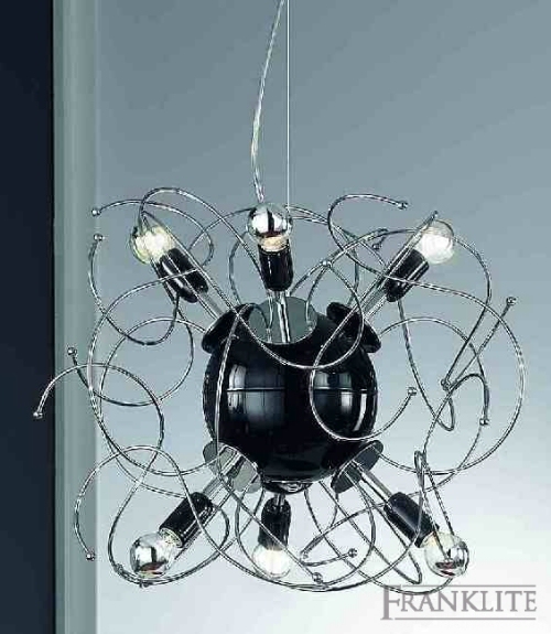 Franklite Telstar gloss black and chrome finish modern pendant with random decorative wires and crown silvered
