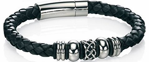 Stainless Steel Mens B4211 Black Leather Bracelet with Celtic Beads of Length 23cm