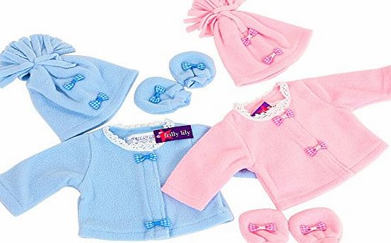18-20 inch Doll Twin Set Fleece jacket Hat and Mittens set in Pale Blue and Pink , from Frilly Lily .Suitable for dolls such as Baby Annabell,Chou Chou , and many Crolle and Gotz Dolls 45-50 cm