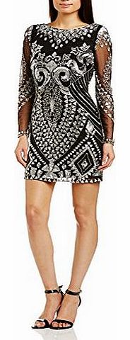 Frock and Frill Womens Embellished Shift Cocktail 3/4 Sleeve Dress, Black (Black/Gold), Size 14