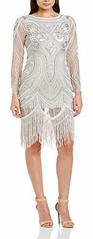 Womens Karyn Embellished Sequin Flapper with Tassles Cocktail 3/4 Sleeve Dress, Silver, Size 10