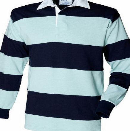 Front Row Sewn Stripe Long Sleeve Sports Rugby Polo Shirt (S) (Duck Egg/Navy)