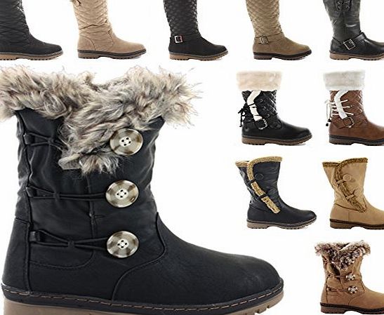 FrontCover SIZE 6 STYLE 5 BLACK - LADIES WOMENS FLAT LOW HEEL CALF QUILTED FUR LINED KNEE HIGH WINTER SNOW BOOTS