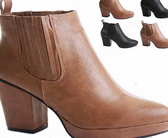 FrontCover WOMENS LADIES CHELSEA HIGH HEEL BOOTIES HEELED BLOCK PLATFORM WINTER ANKLE BOOTS SIZE 3-8